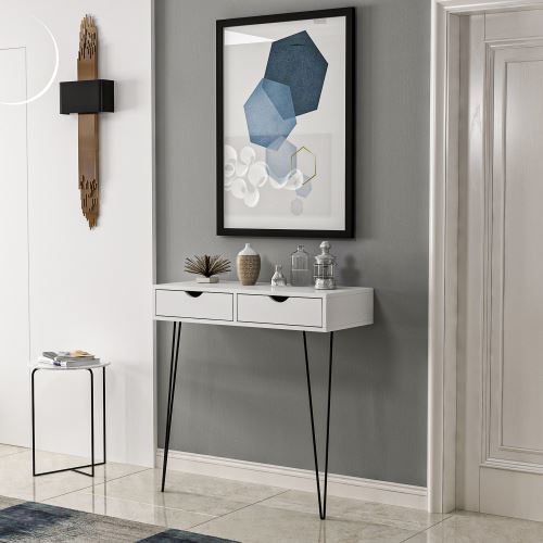 HOMEMANIA Table Console Arya avec Tiroirs - pour Salon, Bureau - Blanc, Noir en Bois, Métal, 90 x 40 x 90 cm