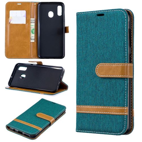 Etui en PU jean bicolore en tissu flip vert pour votre Samsung Galaxy A20/A30