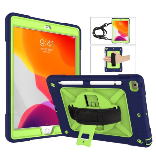 Coque en TPU + Silicone avec béquille pivotante à 360 ° et sangle couche externe bleu foncé/vert pour votre Apple iPad 10.2 (2019)