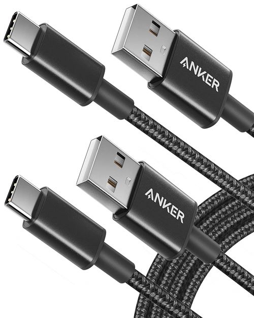 Pack de 2 câbles USB-C vers USB-A, dimension 180 cm en Nylon tressé, marque Anker