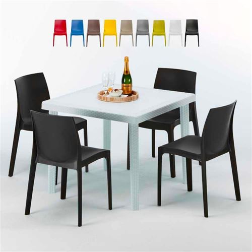 Table Carrée Blanche 90x90cm Avec 4 Chaises Colorées Grand Soleil Set Extérieur Bar Café ROME LOVE, Couleur: Noir