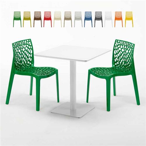 Table carrée 70x70 blanche avec 2 chaises colorées Gruvyer Meringue, Couleur: Vert