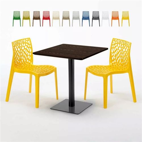 Table carrée 70x70 plateau effet bois avec 2 chaises colorées Gruvyer Melon, Couleur: Jaune