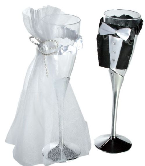 2 Coupes de champagne mariés PVC + tulle - 22 cm