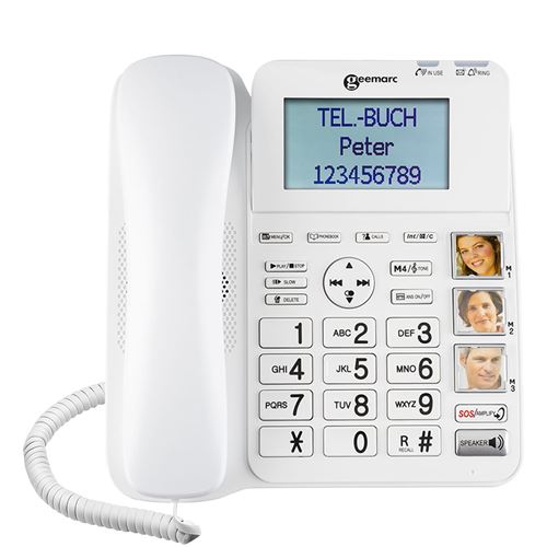 Téléphone Fixe Amplifié Touches Photos et Bouton SOS Répondeur Intégré Geemarc Blanc