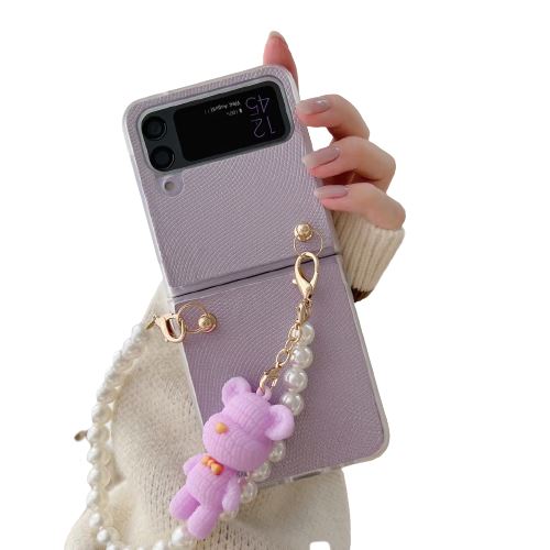 Coque Compatible Samsung Galaxy Z Flip 4 en PU Cuir FONGWAN avec Bracelet Lanière et Pendentif Ours - Violet