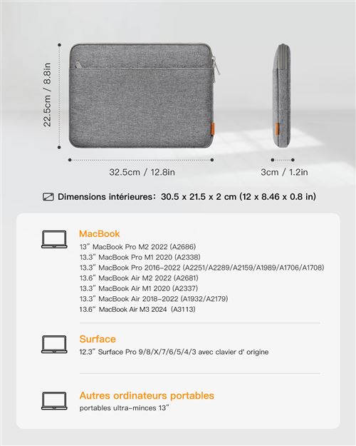 10€ sur Inateck Housse 13 Pouces Antichoc Compatible avec MacBook Air/Pro  M2/M1 2022-2018, Surface Pro 9/8/7/X, iPad Pro 12.9, Rigide EVA - Gris -  Housses PC Portable - Achat & prix