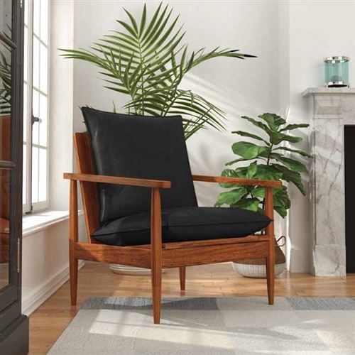 Non Communiqué Noir Vidaxl Fauteuil, Chaise Avec Coussin, Siège Avec Accoudoir, Meuble De Salon Salle De Séjour, Cuir Véritable Et Bois 340922