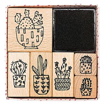 6 tampons en bois avec encreur - cactus - Rico Design - 1