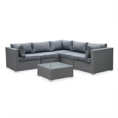 Salon de jardin en résine tressée - Napoli - Gris brossé Coussins Gris chiné - 5 places - 2 fauteuils sans accoudoir 3 fauteuils d'angle une table basse