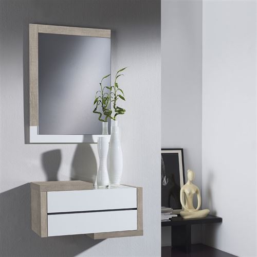 Meuble d'entrée Chêne clair/Blanc + miroir - RECTO