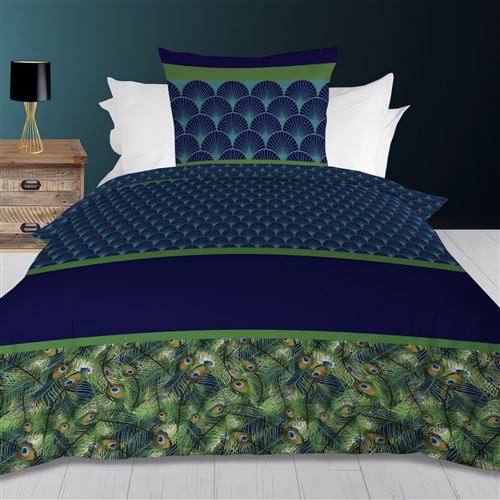 Parure housse de couette 140x200 cm en coton 57 Fils PAON bleu, par Soleil d'ocre