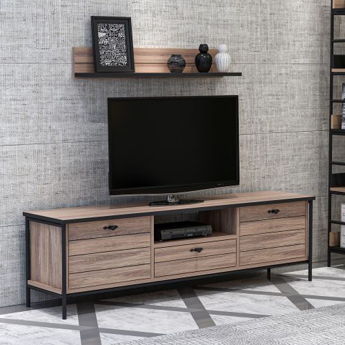 HOMEMANIA Meuble TV Lace Moderne - avec Portes, Étagères, Tiroir - pour Salon - Noir en Bois, 150 x 35 x 44 cm
