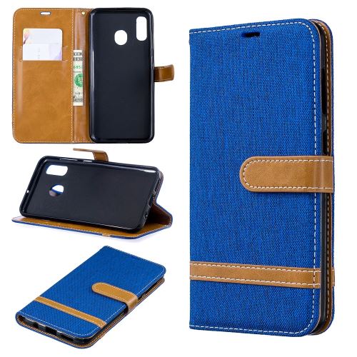 Etui en PU jean bicolore en tissu flip bleu clair pour votre Samsung Galaxy A20/A30