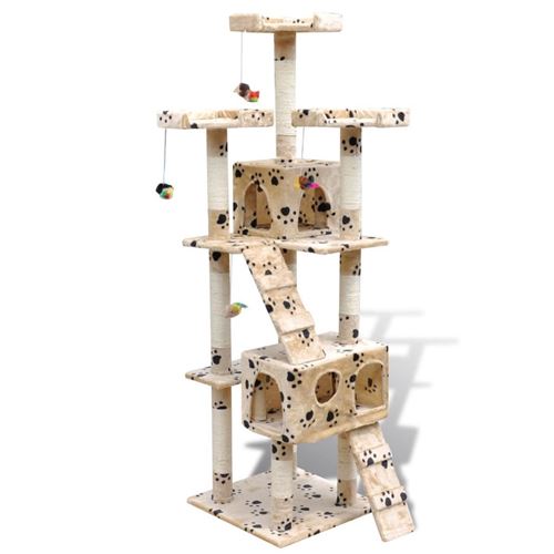Meilleurs prix pour Arbre à chat griffoir grattoir niche jouet animaux peluché 170 cm en beige avec motif d'empreinte de patte2 niches