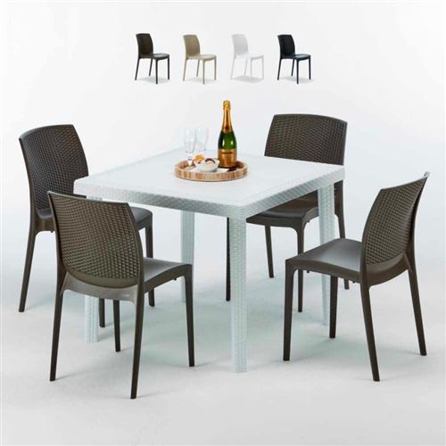 Table Carrée Blanche 90x90cm Avec 4 Chaises Colorées Grand Soleil Set Extérieur Bar Café BOHEME LOVE, Couleur: Marron