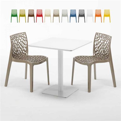 Table carrée 70x70 blanche avec 2 chaises colorées Gruvyer Meringue, Couleur: Beige Juta