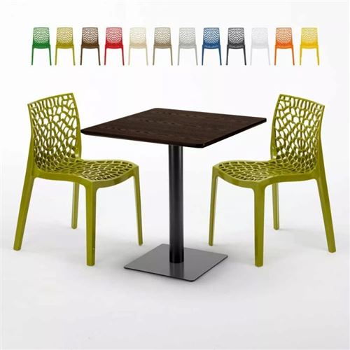 Table carrée 70x70 plateau effet bois avec 2 chaises colorées Gruvyer Melon, Couleur: Anis vert