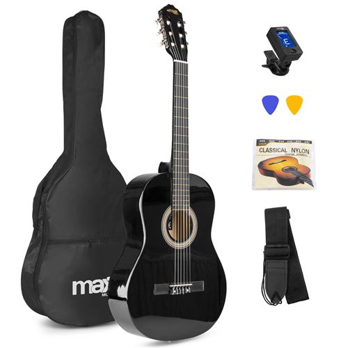 MAX SoloArt - Guitare classique adulte débutant - Noir, livré avec un tuner, un sac de transport, des médiators et une sangle