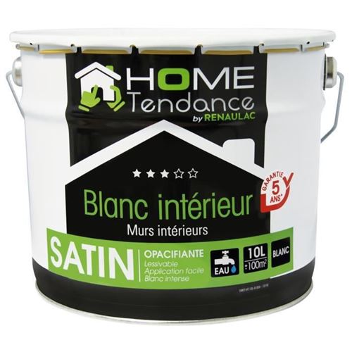peinture - vernis - traitement (lasure - effets decoratifs) peinture murale 10l blanc satin - lessivable - by renaulac