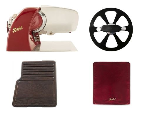 Berkel - Home Line 200 Rouge + Planche à Découper Traité Thermiquement + Couverture Pour Trancheuse Rouge + Extracteur de Lame