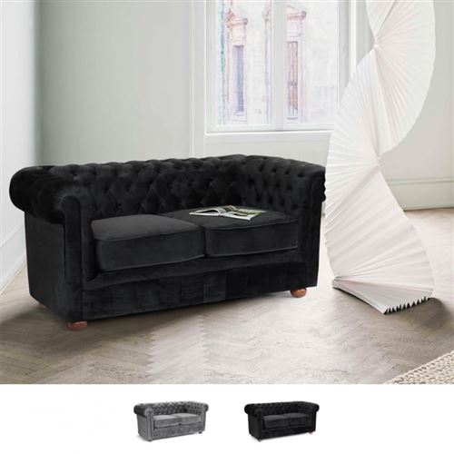 Canapé en tissu velouté deux places Capitonné Chesterfield Design, Couleur: Noir