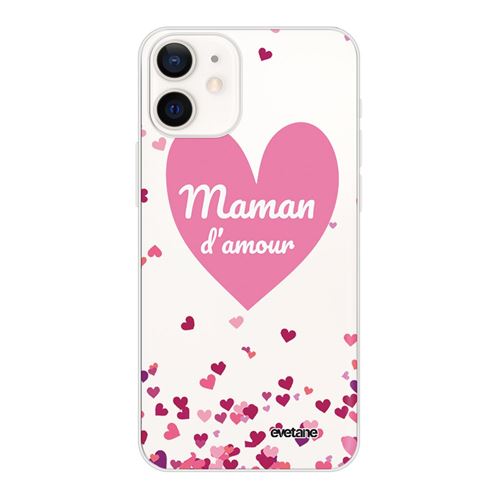 Coque pour iPhone 12 mini souple transparente Maman d'amour coeurs Motif Ecriture Tendance [Evetane®]