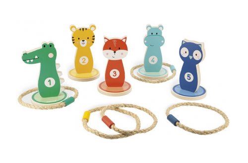 Jeu de lancer d'anneaux en bois enfant  5 animaux rigolos - interieur  plein air  jardin - motricite  adresse - set activite famille + carte