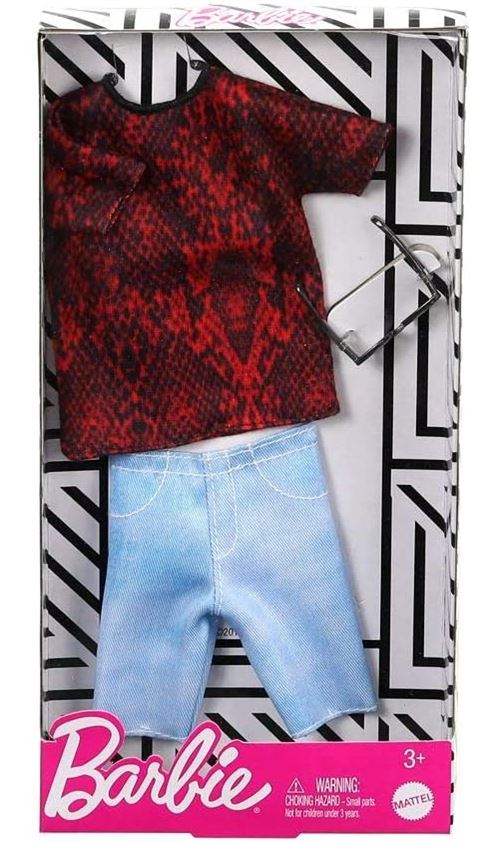 Habit barbie - tenue ken : pantacourt en jeans et t-shirt rouge et noir - vetement poupee et mini-poupee