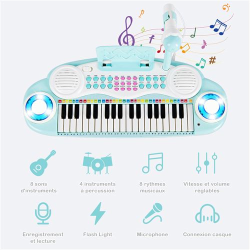Clavier de Piano Electronique à 37 Touches pour enfants avec Tabouret et  Microphone Bleu