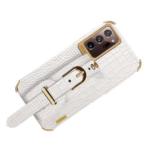 Coque pour Samsung Galaxy S22 FONGWAN Cuir à motif crocodile, avec bracelet - blanc