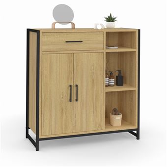 Commode Salle De Bain Detroit 3 Tiroirs + Placard - Design Industriel Bois/métal, 60x30x80cm | Rangement étagères Réglables
