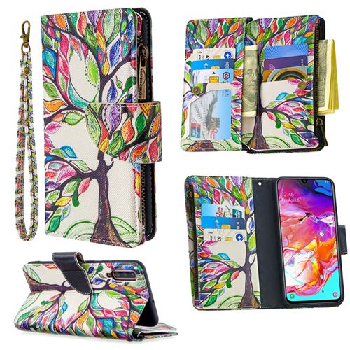 Etui en PU fermeture éclair à motifs avec sangle arbre de couleur pour votre Samsung Galaxy A70