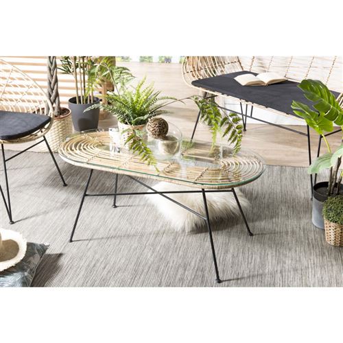 Table 100x45cm rotin naturel plateau verre pieds métal