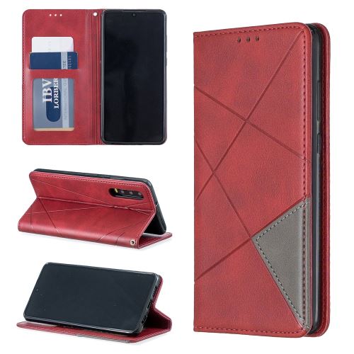 Etui en PU motif géométrique avec support et porte-cartes rouge pour votre Huawei P30
