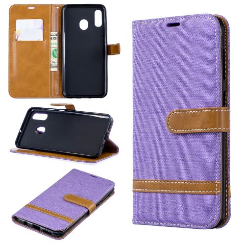 Etui en PU jean bicolore en tissu flip violet pour votre Samsung Galaxy A20/A30