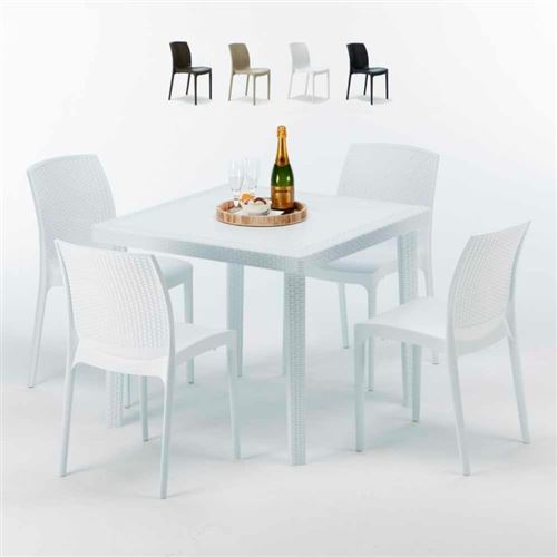 Table Carrée Blanche 90x90cm Avec 4 Chaises Colorées Grand Soleil Set Extérieur Bar Café BOHEME LOVE, Couleur: Blanc