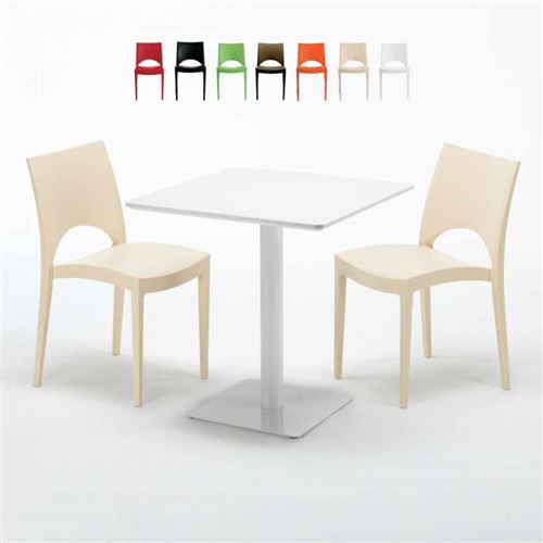 Table carrée 70x70 blanche avec 2 chaises colorées Paris Meringue, Couleur: Beige