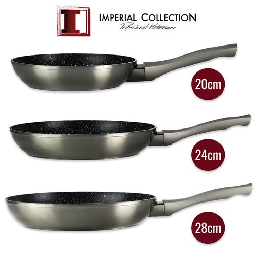Imperial Collection IM-FFMT: Ensemble de 3 Poêles à Frire en Métal Recouvert de Marbre (20cm,24cm,28cm) Gris