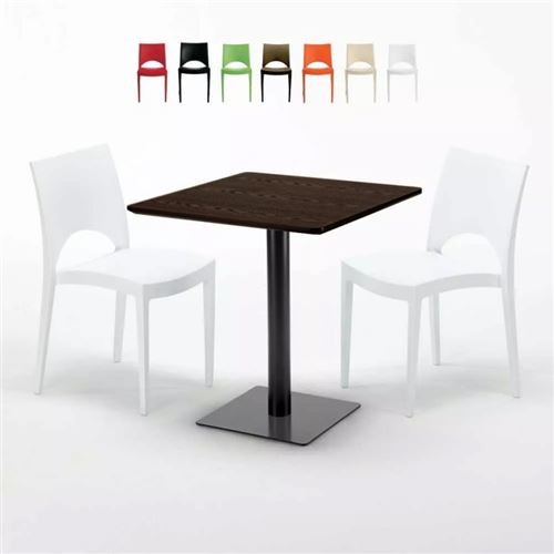Table carrée 70x70 plateau effet bois avec 2 chaises colorées Paris Melon, Couleur: Blanc