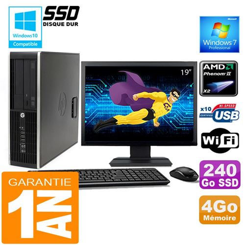PC HP Compaq 6005 Pro Sff Amd Phenom II Ram 4Go Disque 240 Go SSD WiFi Ecran 19'