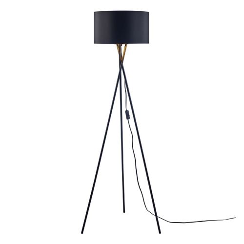 lampadaire trépied métal noir - abat jour en tissu noir et doré - diam 34 x h 140 cm