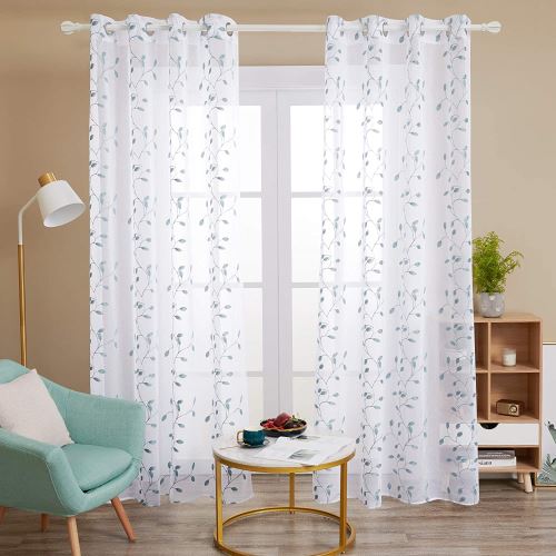 Deconovo Lot De 2 Rideaux Brode Effet Lin A Motif Vert Rideaux