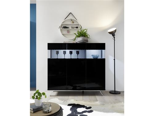 SUBLEEM Buffet 3 portes ENNA noir laqué brillant avec tissu noir et blanc