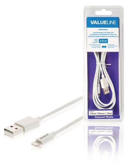 Valueline VLMB39300W20 Câble de données et de chargement Apple Lightning - Usb A mâle 2,00 m, blanc