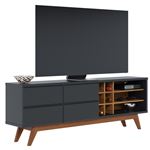 Meuble TV 75 Pouces Noir et Chêne Pieds Bois 2 Portes 11 Niches L 180 H 64.2 P 36.5 cm - L 180 x l 36.5 x H 64.2 cm
