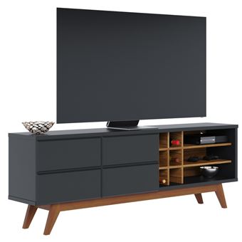 Meuble TV 75 Pouces Noir et Chêne Pieds Bois 2 Portes 11 Niches L 180 H 64.2 P 36.5 cm - L 180 x l 36.5 x H 64.2 cm - 1