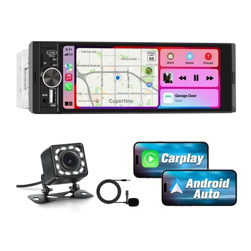 1 DIN CarPlay sans Fil et Android Auto avec 6.36 Pouces HD Écran Tactile Écran,Prise en Charge Bluetooth Caméra de recul Inclus