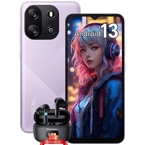 Téléphone Portable Débloqué Oscal FLAT 1C 6,517 4Go+32Go 8MP+5MP 4700mAh Android 13 Violet avec Blackview Airbuds 8