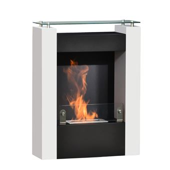 Cheminée bioéthanol design contemporain - étagère, pare-feu verre trempé 6 mm - brûleur 1,5 L - contrôle de flamme et manche inclus - acier noir blanc - 1